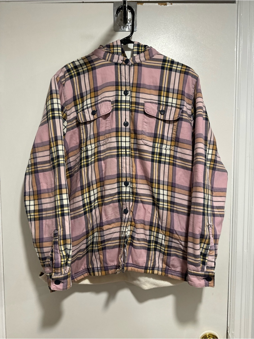 LL Bean Pink Plaid Sherpa Lined Fleece SzL Hooded Shirt Jacket Shacket Outdoorsy